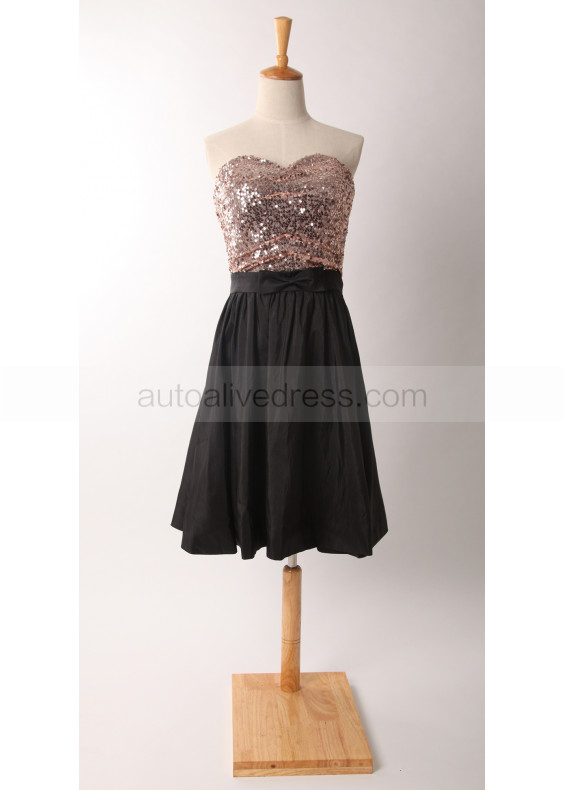 Folded Rose Gold Sequin Black Taffeta Short Bridesmaid Dress